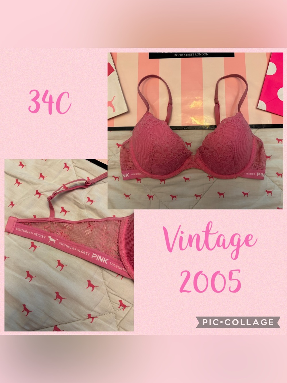 VICTORIA’S SECRET PINK VINTAGE Y2K 2005 PUSH UP BRA LACE DOG LOGO BAND RARE 34C